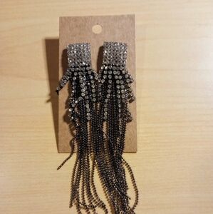 Vintage 90s Y2K Long Dangle Drop Pewter Gray Glass Diamond Earrings Pierced.